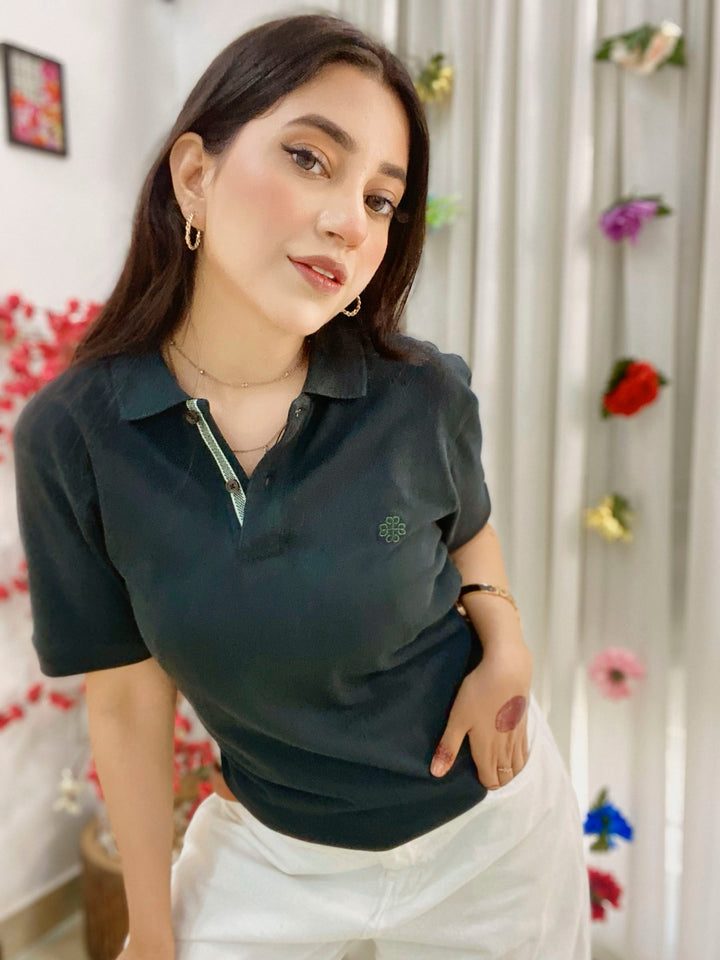 Dark Green 100% Cotton Pique Polo - Women
