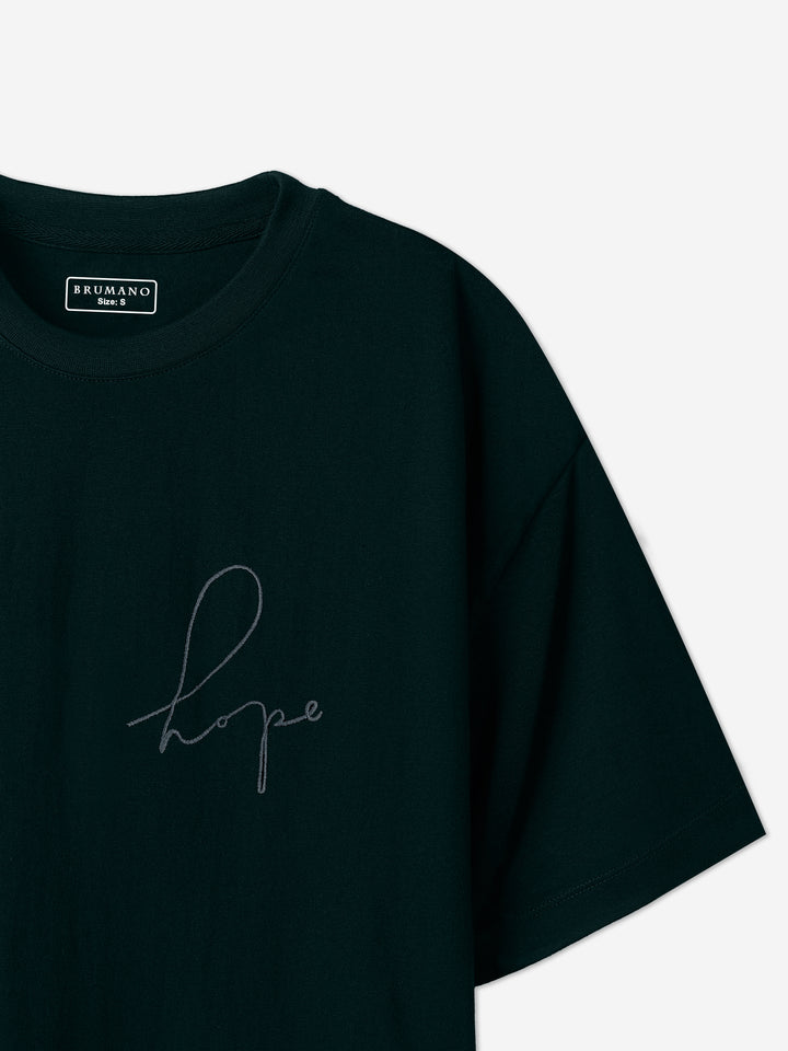 Dark Green Oversized T-Shirt With Minimalist 'Hope' Embroidery