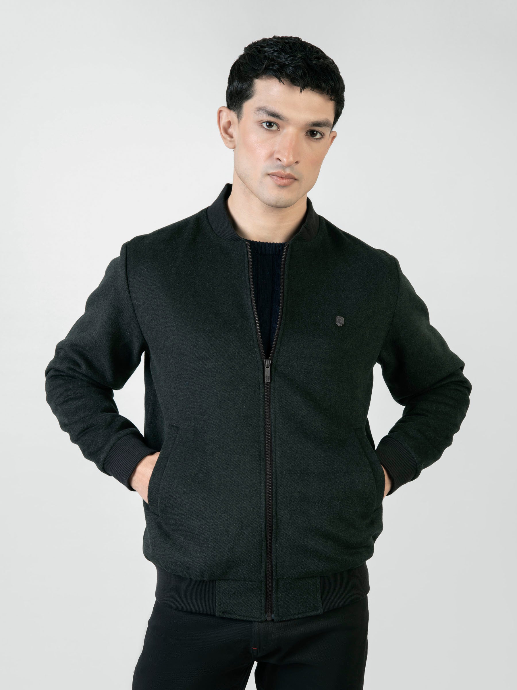 Brumano Pret Solids Polyester 1 Piece Grey & Black Wool Checkered Bomber Jacket main image 0