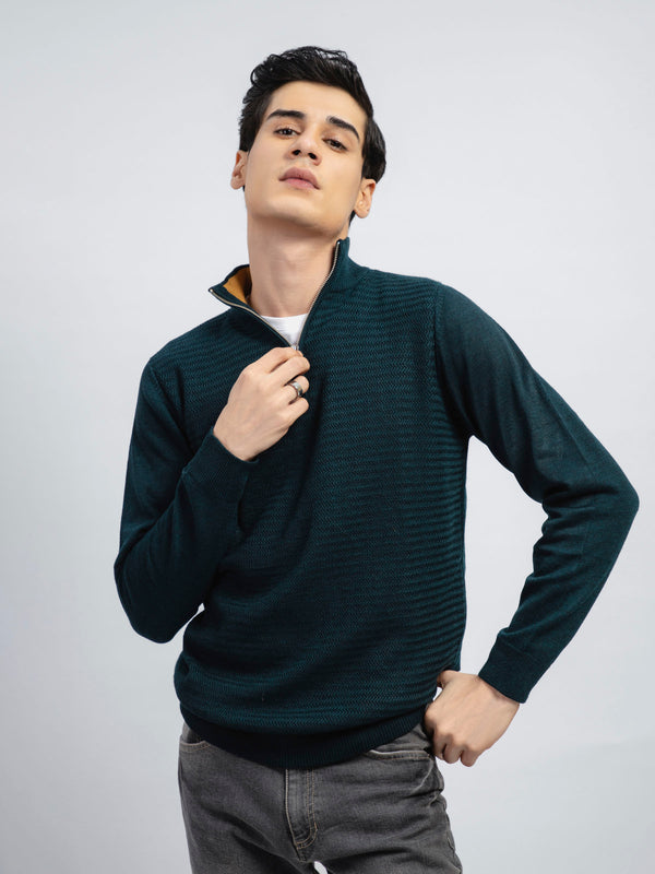 Dark Green Wool Textured Half-Zip Sweater Brumano Pakistan