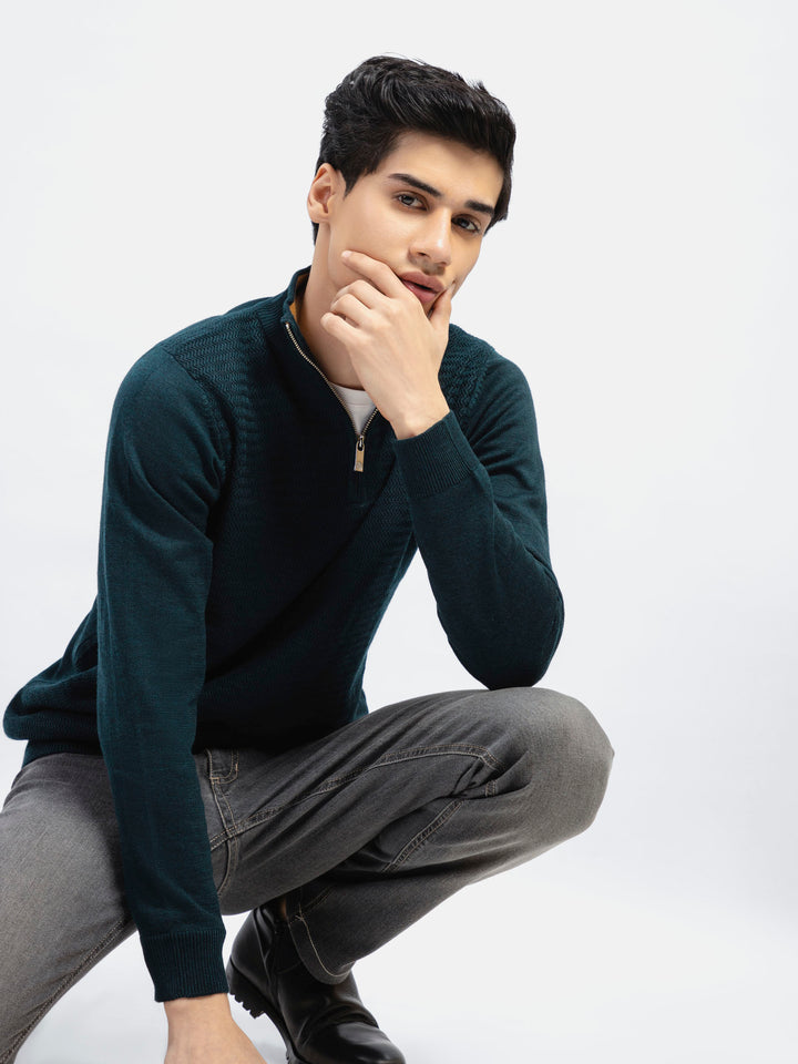 Dark Green Wool Textured Half-Zip Sweater Brumano Pakistan