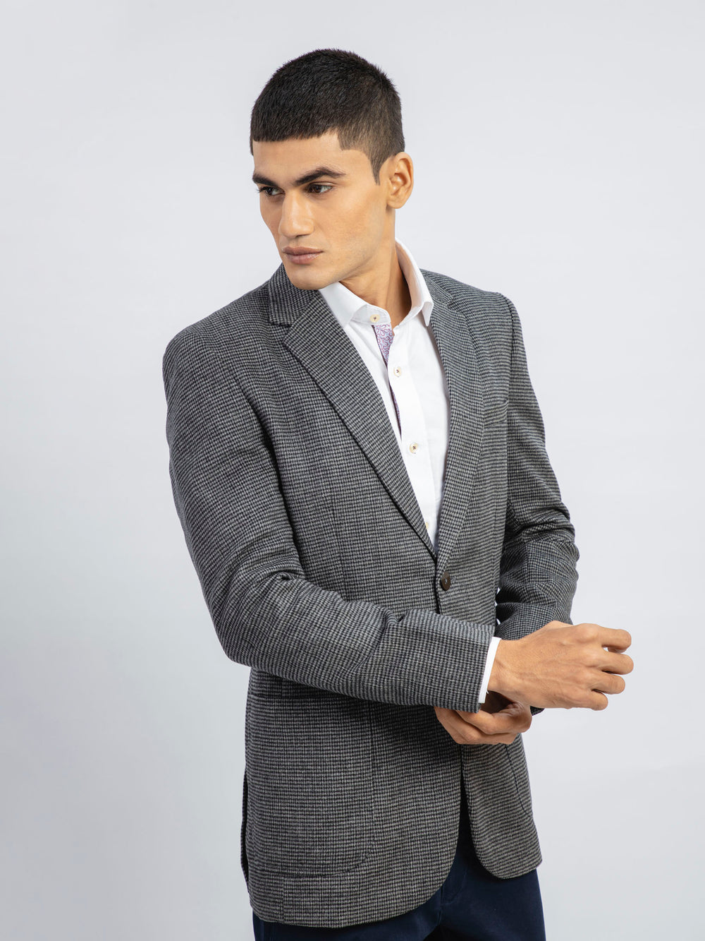 Dark Grey Checkered Wool Blazer