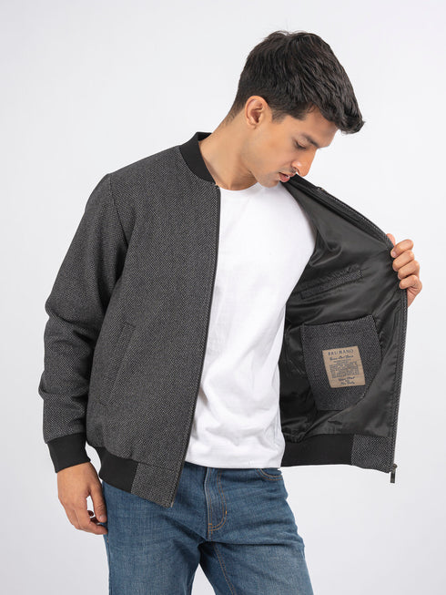 Dark Grey Herringbone Structured Wool Bomber Jacket