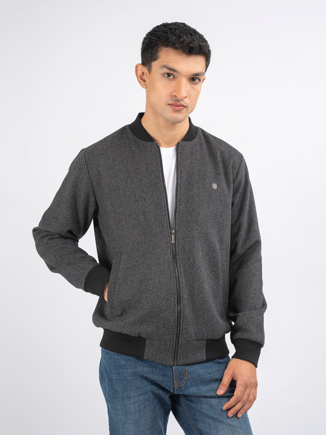 Dark Grey Herringbone Structured Wool Bomber Jacket