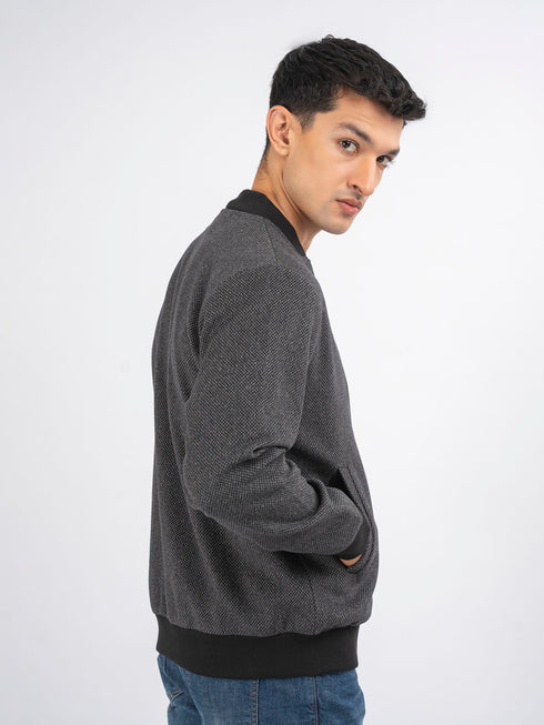 Dark Grey Herringbone Structured Wool Bomber Jacket