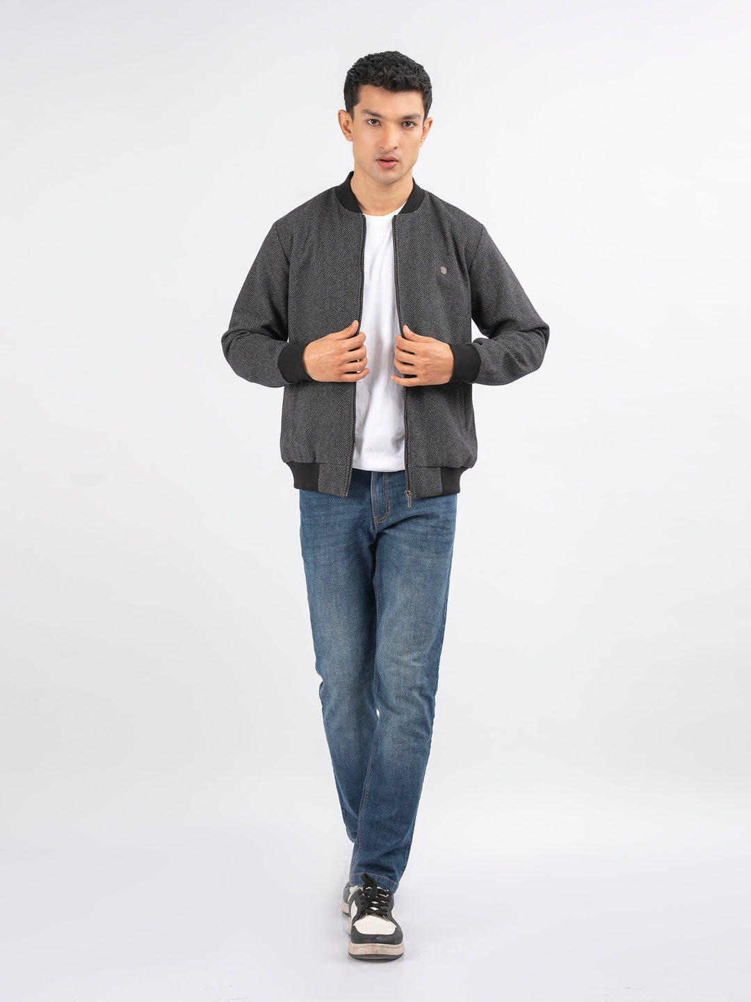 Dark Grey Herringbone Structured Wool Bomber Jacket