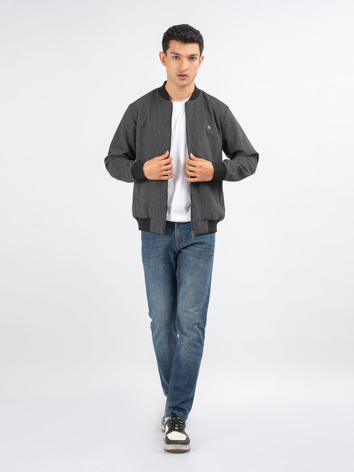Dark Grey Herringbone Structured Wool Bomber Jacket