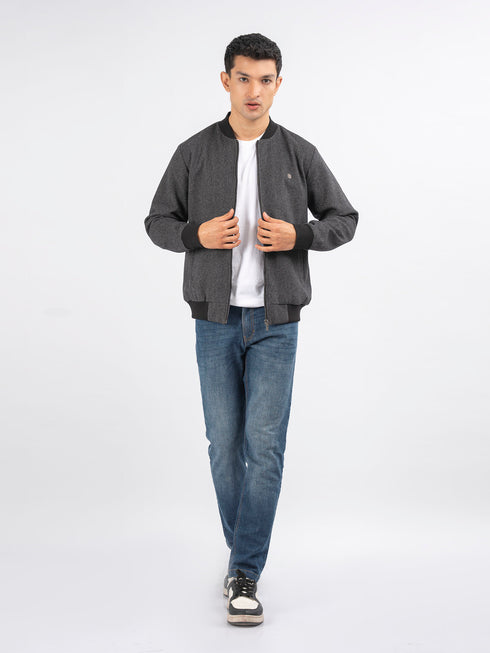 Dark Grey Herringbone Structured Wool Bomber Jacket