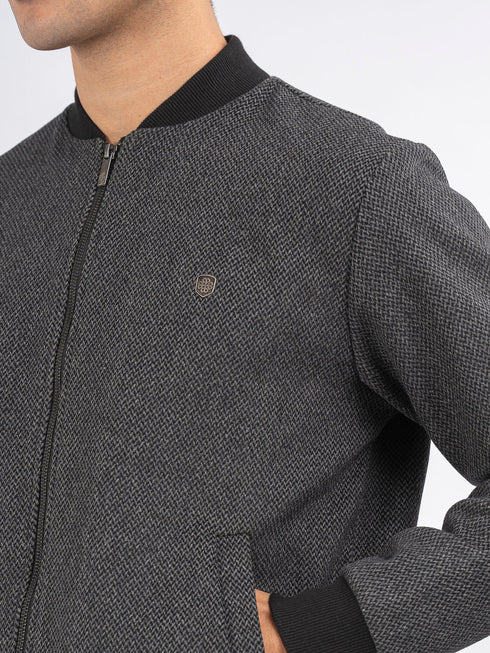 Dark Grey Herringbone Structured Wool Bomber Jacket