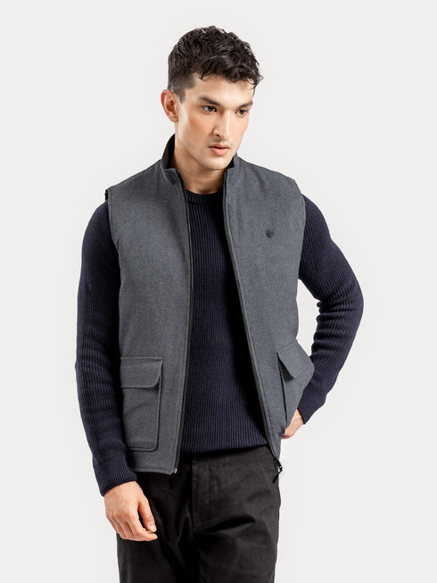 Dark Grey Quilted Sleeveless Jacket