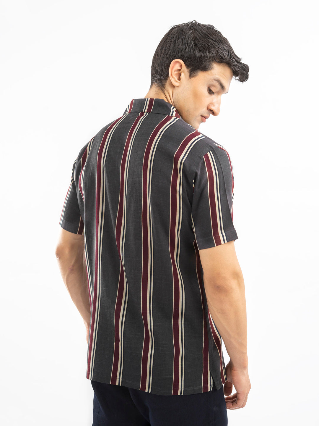 Dark Grey Stiped Cuban Collar Shirt