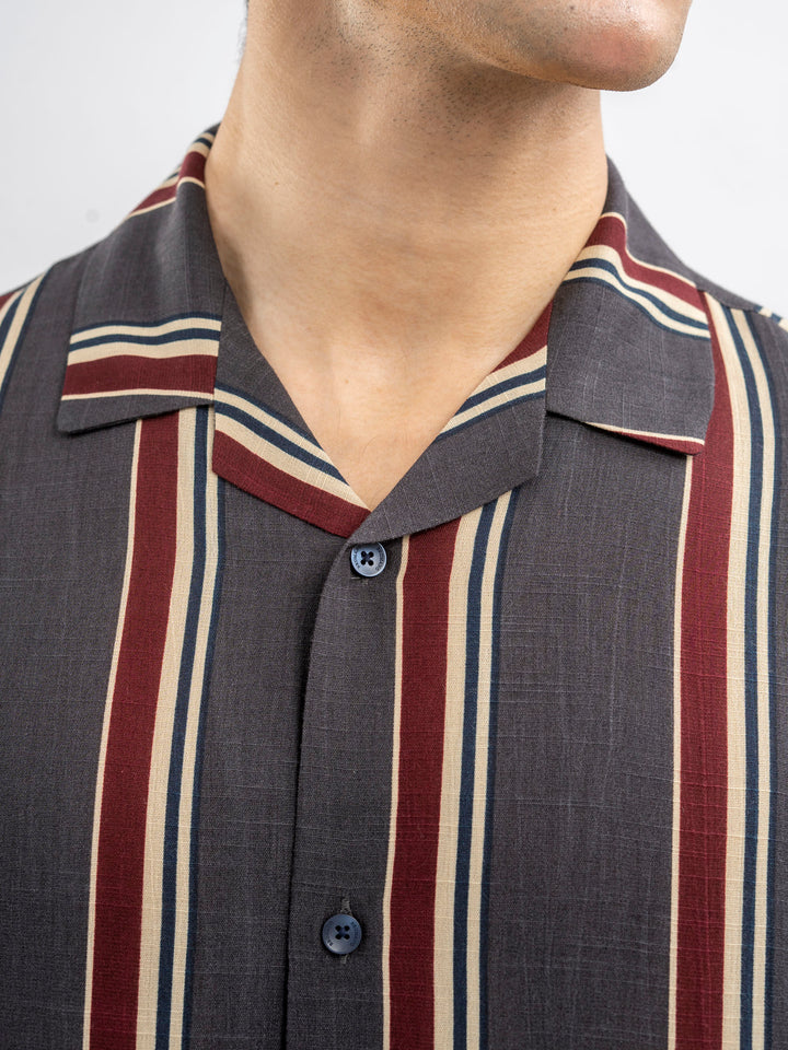 Dark Grey Stiped Cuban Collar Shirt