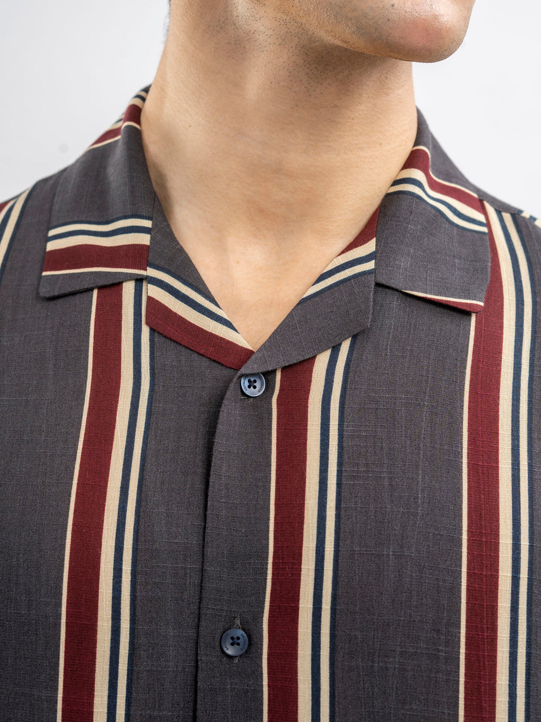 Dark Grey Stiped Cuban Collar Shirt