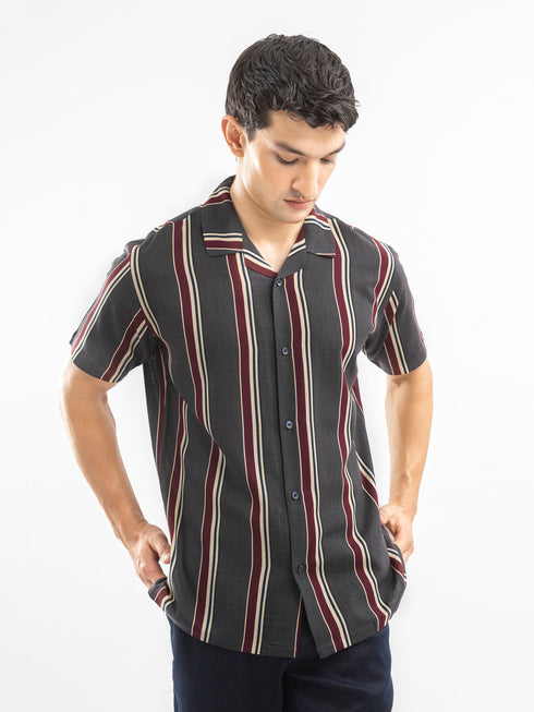 Dark Grey Stiped Cuban Collar Shirt