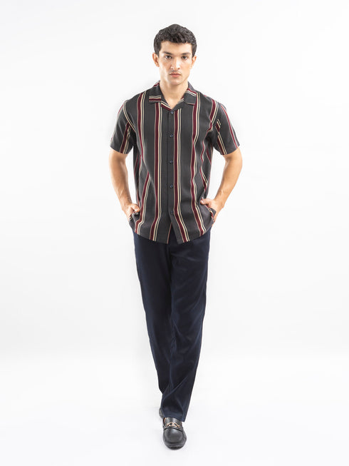 Dark Grey Stiped Cuban Collar Shirt