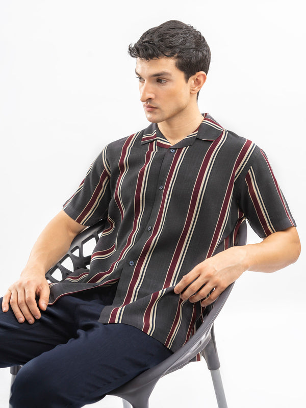 Dark Grey Stiped Cuban Collar Shirt