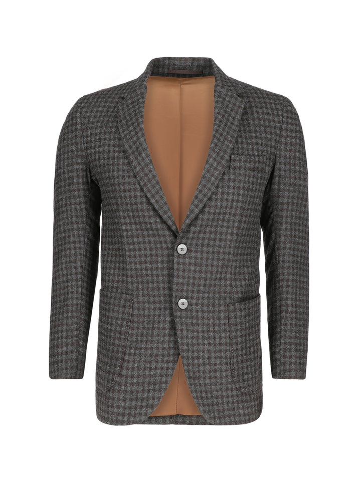 Dark Grey & Brown Gingham Wool & Cashmere Blazer - Sartoria