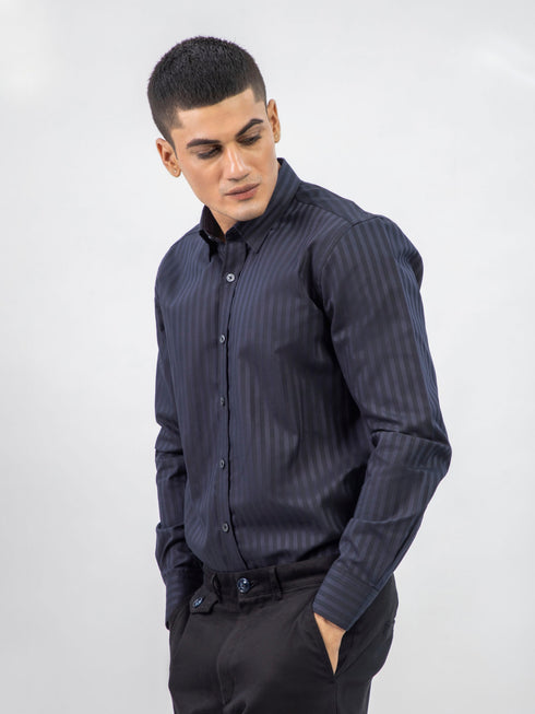 Dark Navy Striped Formal Shirt With Inside Button Down Collar Brumano Pakistan