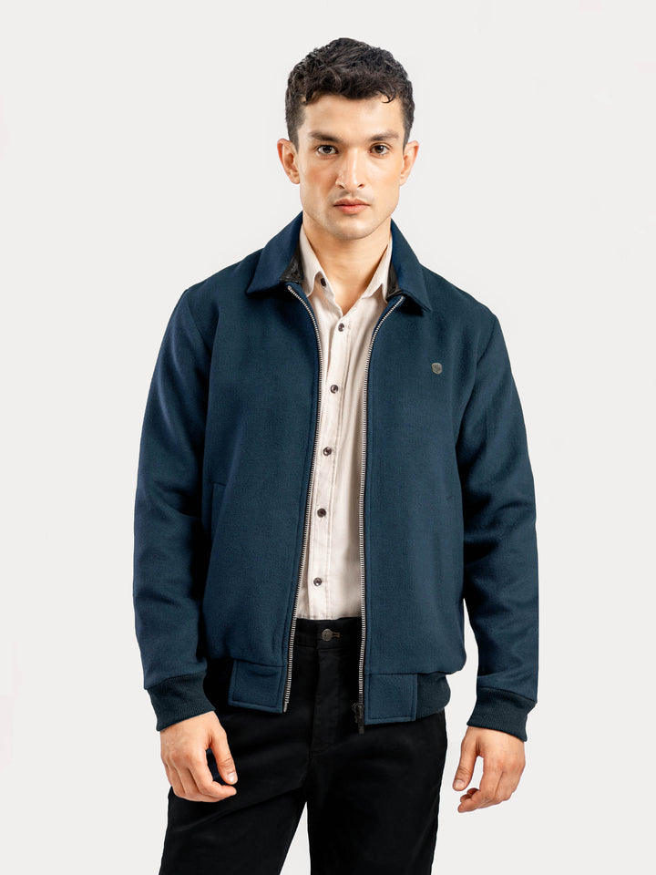 Dark Teal Blue Wool Blended Jacket With Detachable Collar