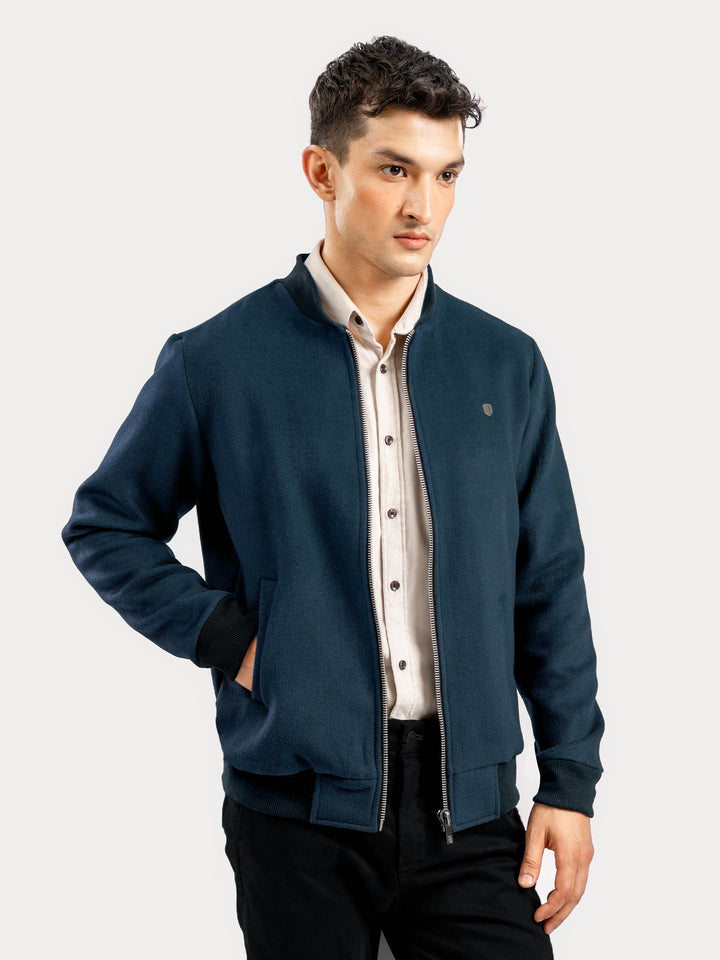 Dark Teal Blue Wool Blended Jacket With Detachable Collar