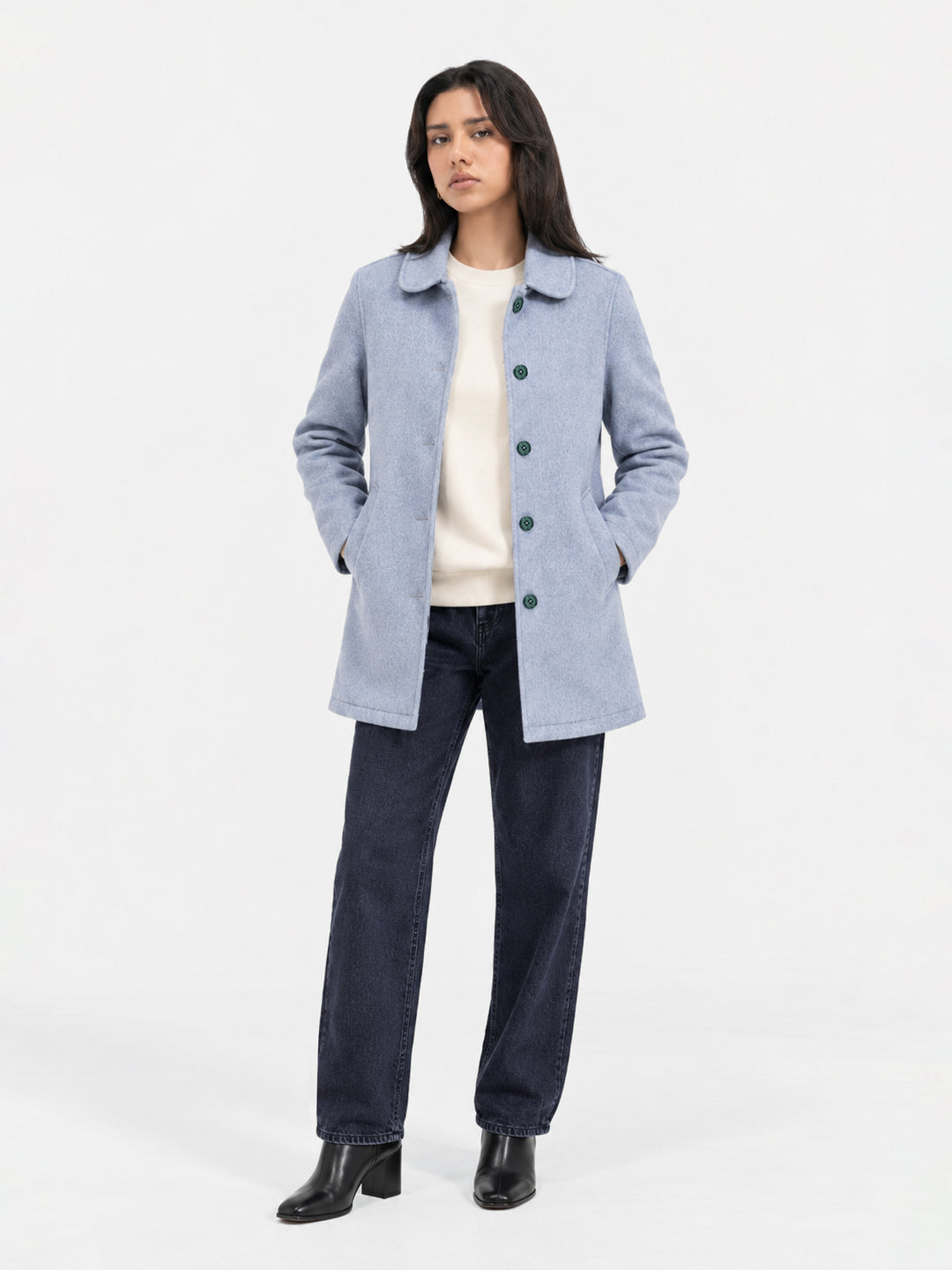 Frost Blue Wool Blended Long Coat - Women