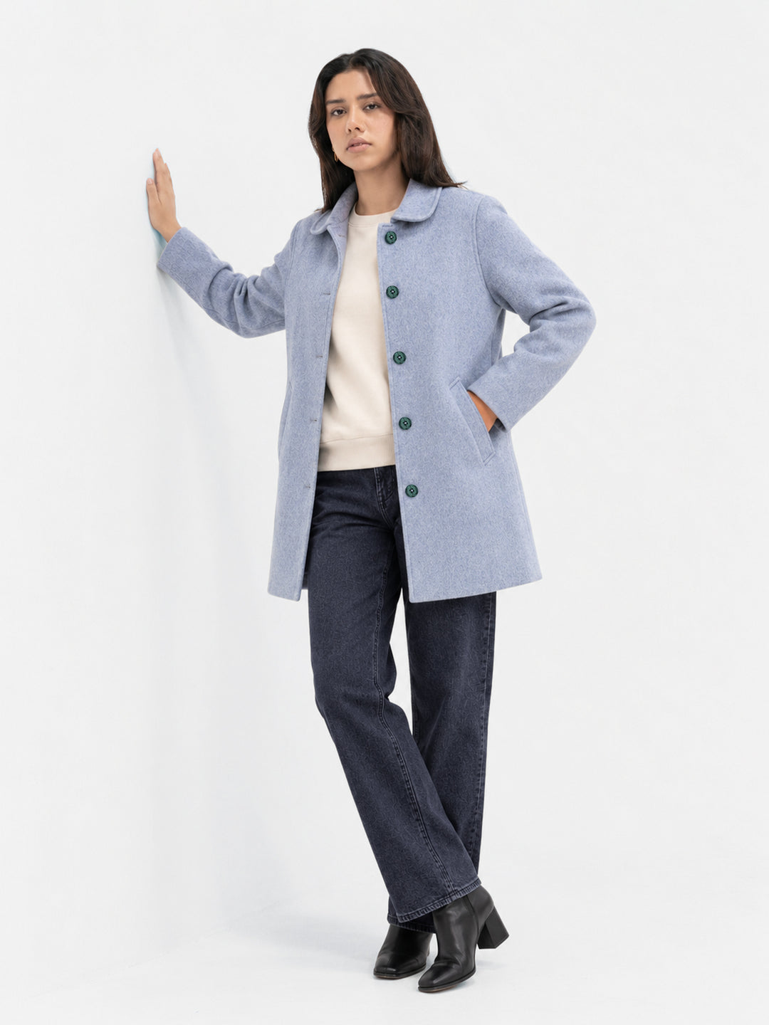 Frost Blue Wool Blended Long Coat - Women