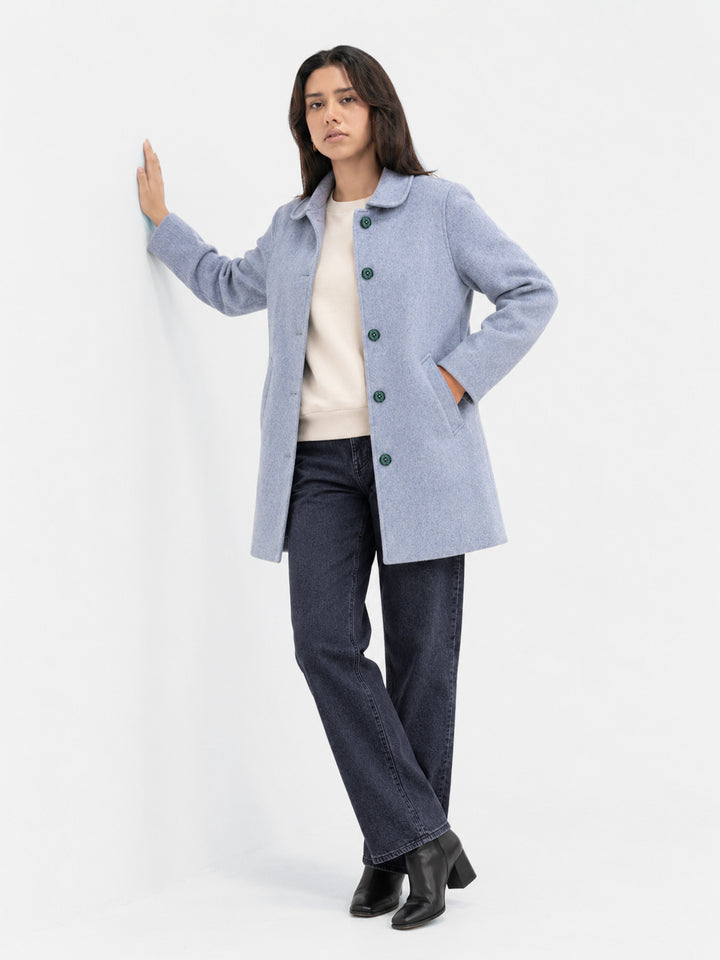 Frost Blue Wool Blended Long Coat - Women
