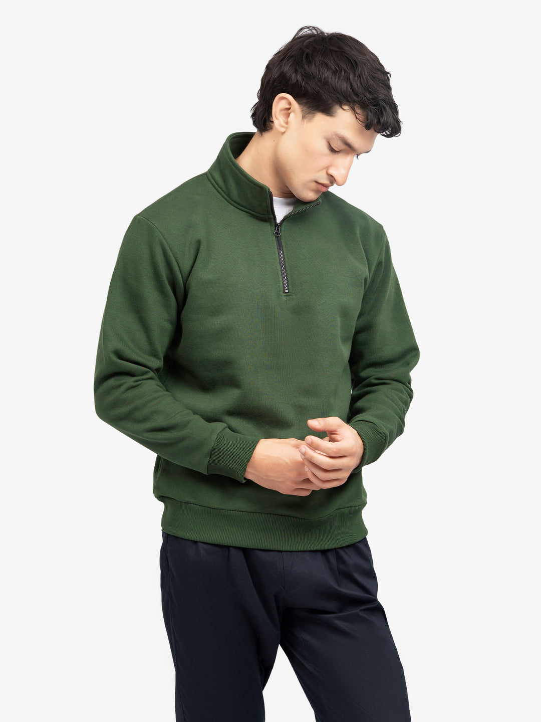 Men's green fleece mock neck sweater front view