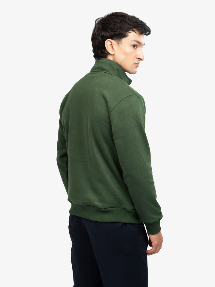 Back view of Casual Green Sweater with Zipper Collar