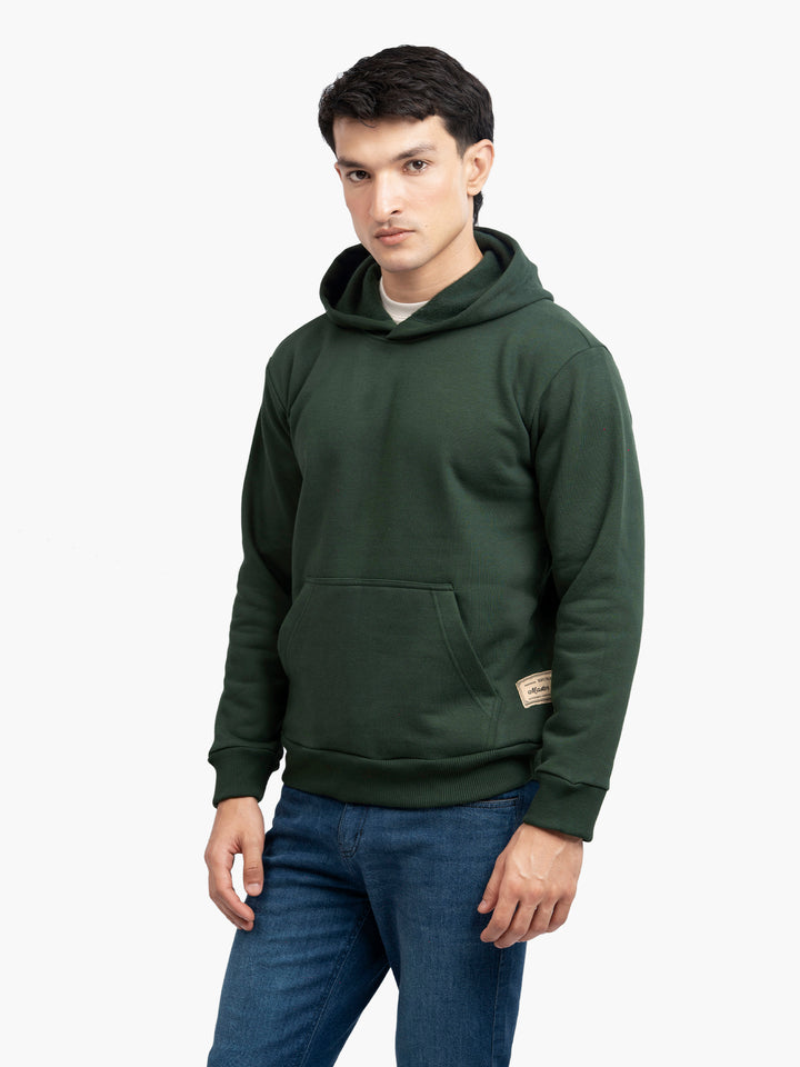 Men's green heavyweight fleece hoodie front view