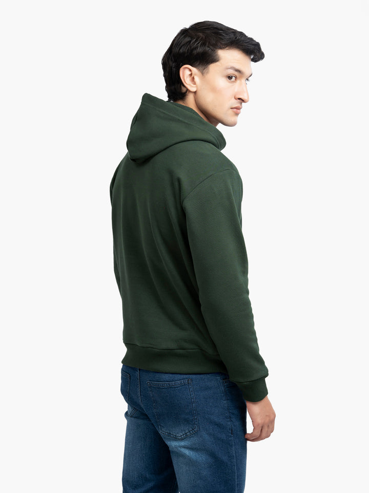 Back view of green fleece hoodie