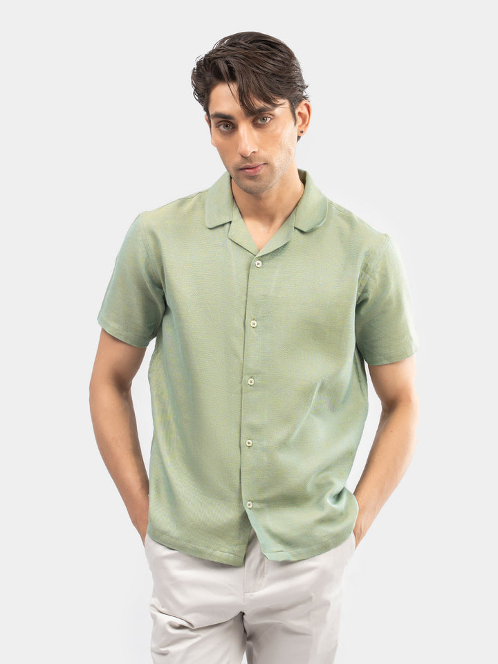 Men's green two tone cuban collar shirt front view