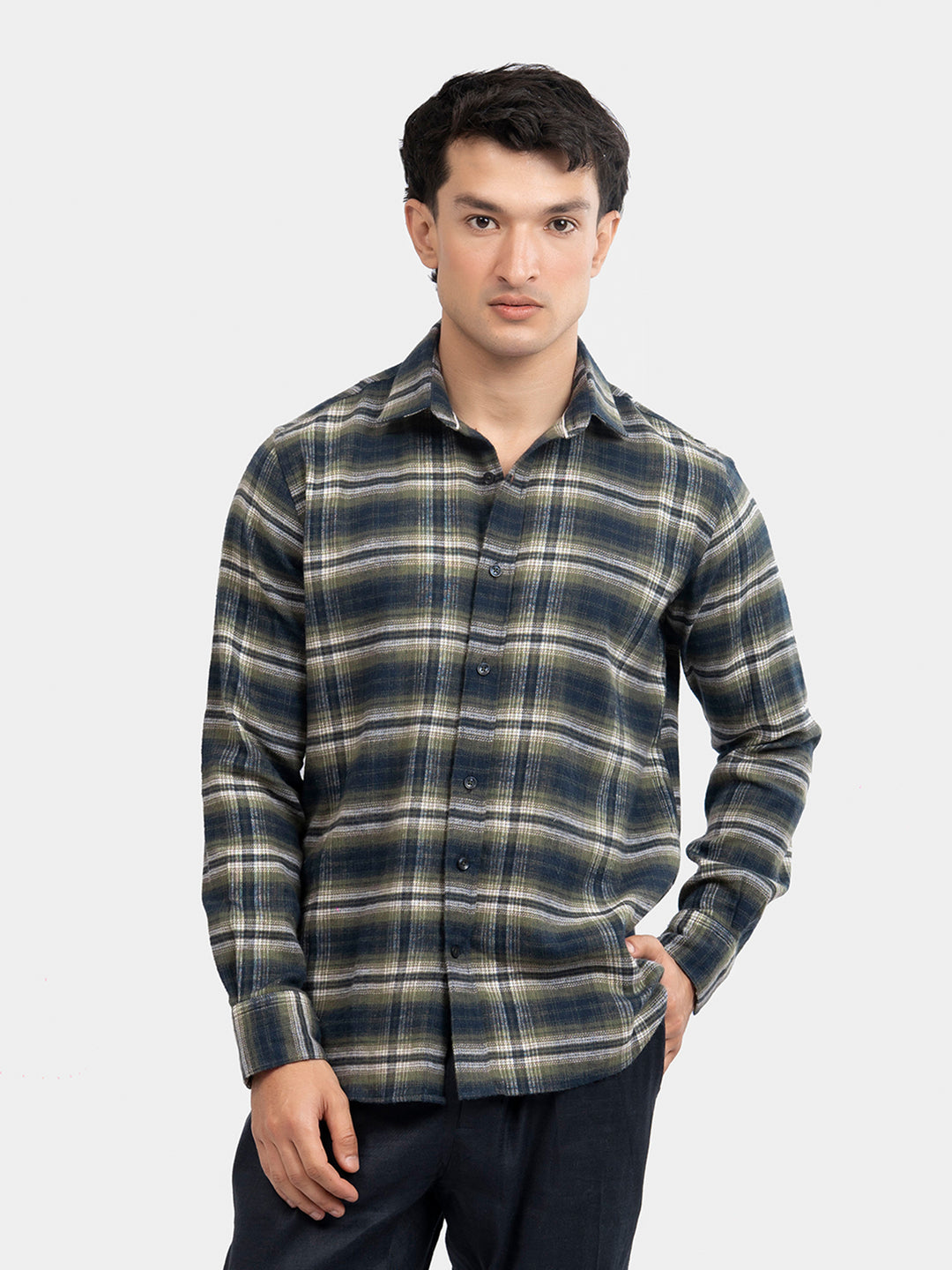 Men's green and navy blue flannel shirt front view