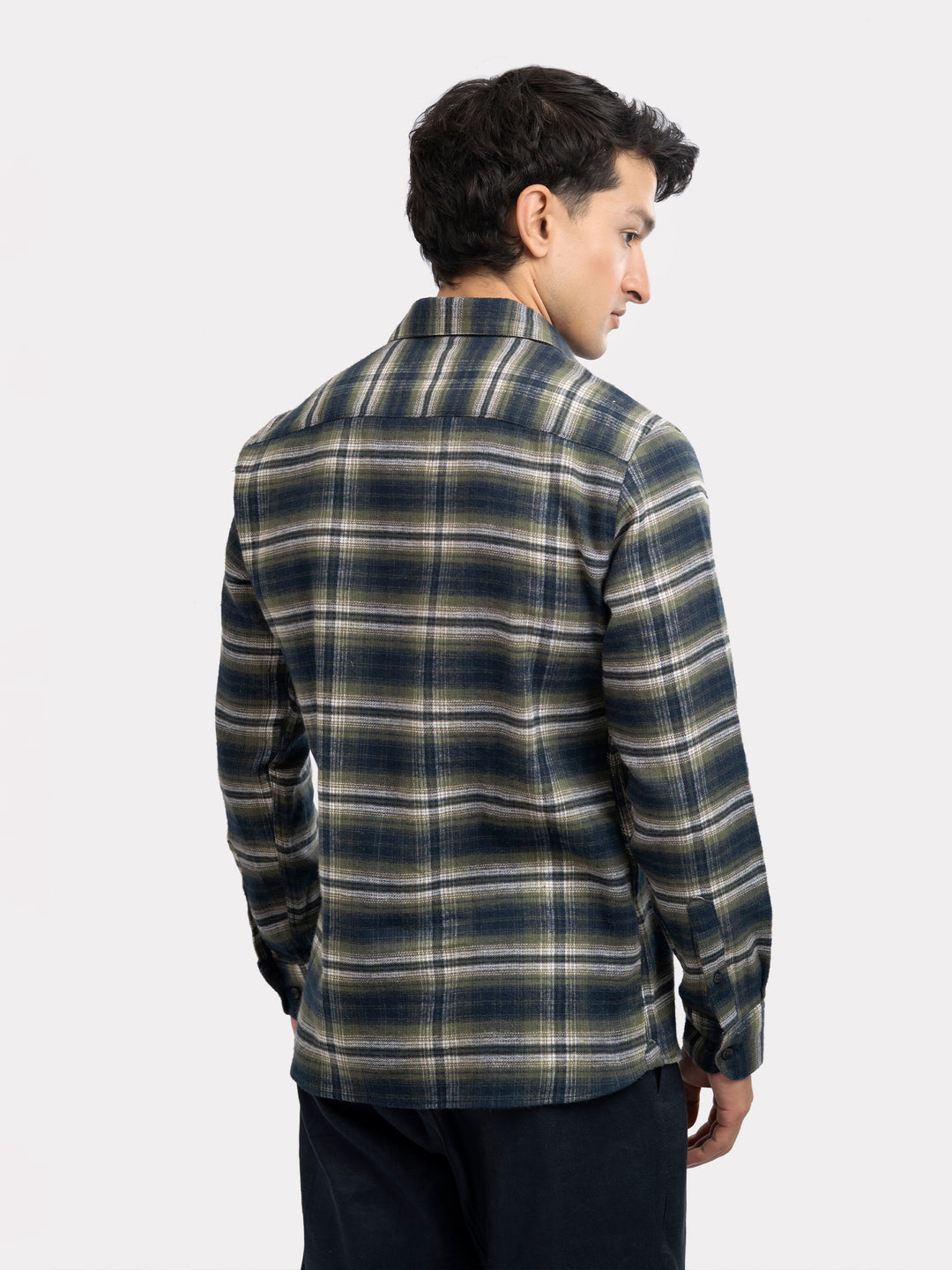 Back view of green and navy blue winter shirt