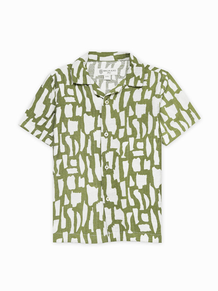Green & Beige Abstract Printed Cuban Collar Shirt - Junior