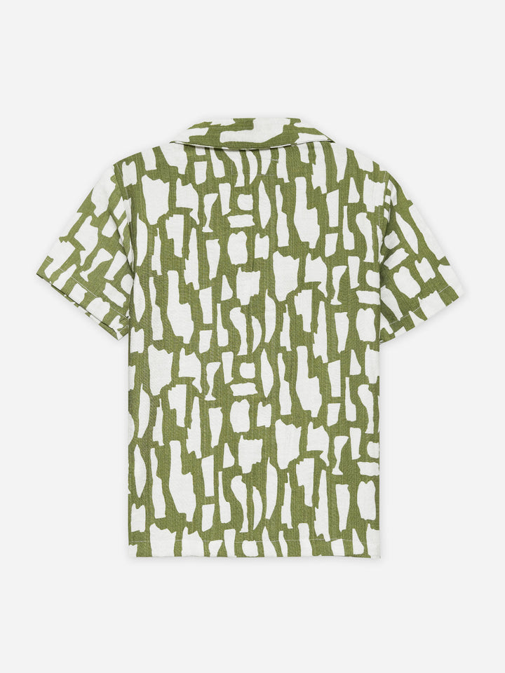 Green & Beige Abstract Printed Cuban Collar Shirt - Junior