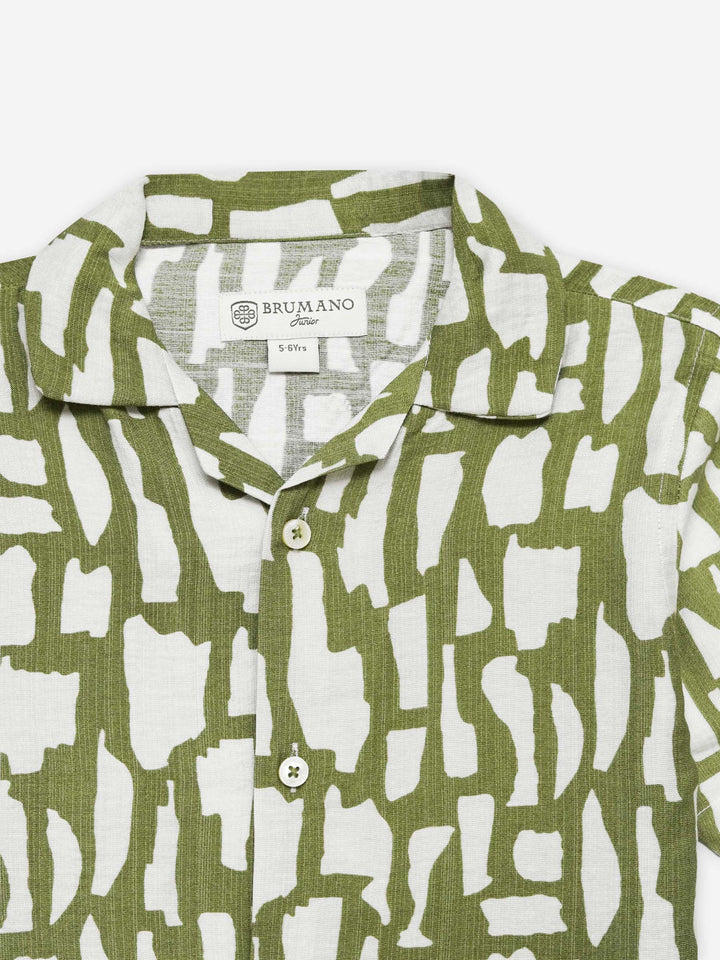Green & Beige Abstract Printed Cuban Collar Shirt - Junior