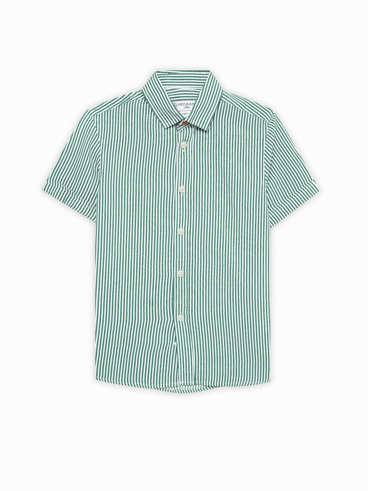 Green & White Striped Half Sleeve Casual Shirt - Junior