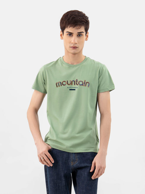 Green Crew Neck T-Shirt With Embroidered Print