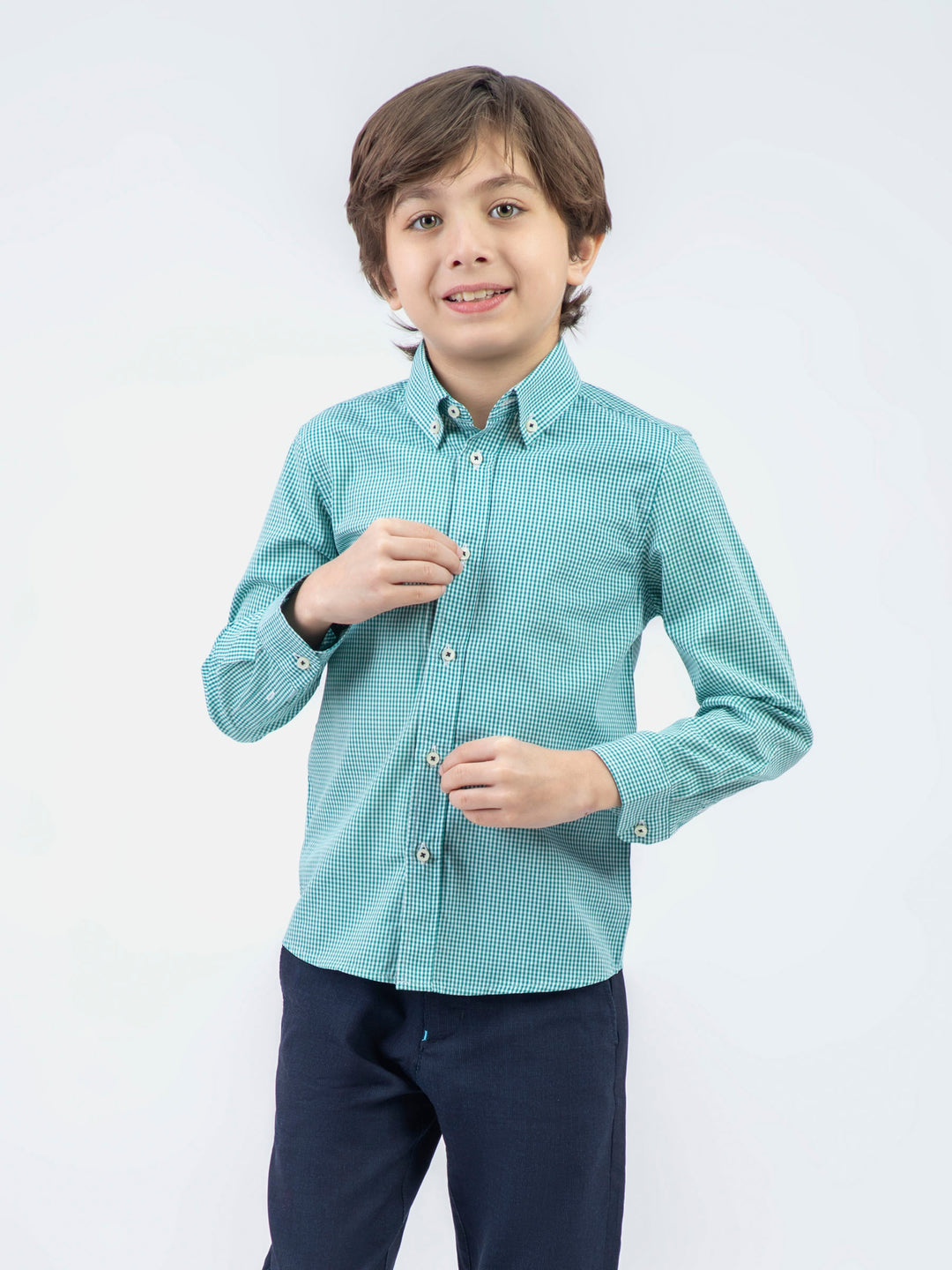 Green micro gingham button down casual shirt brumano pakistan