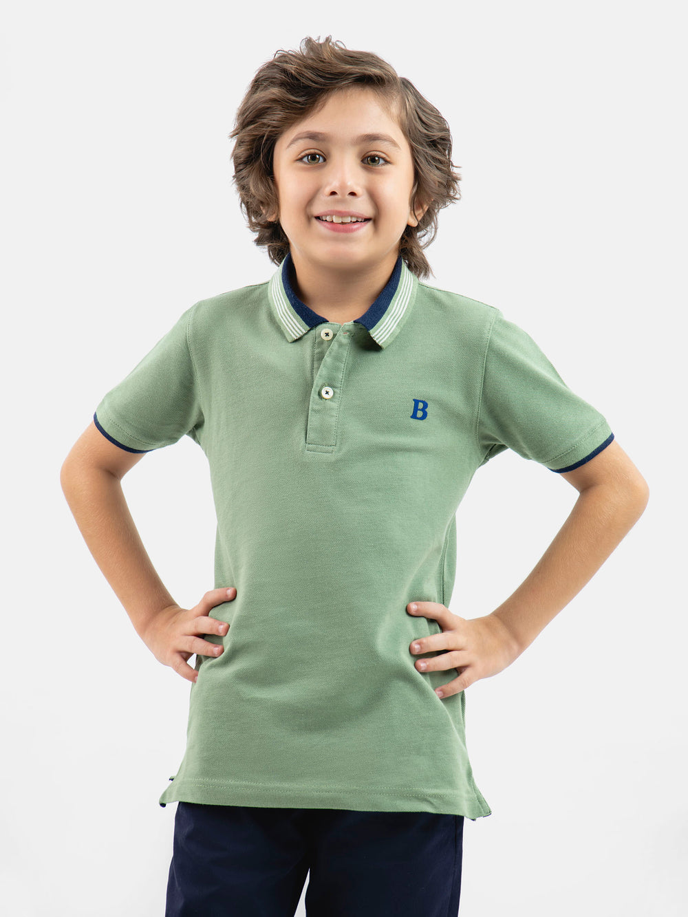 Green pique polo with navy collar brumano pakistan