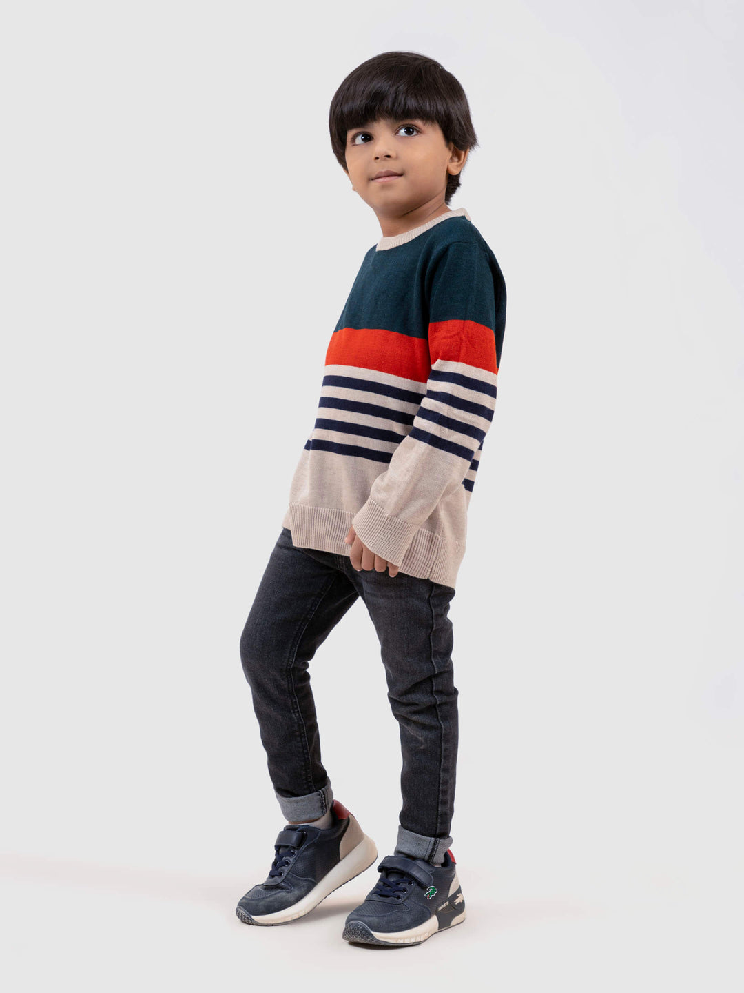 Green Striped Wool Blended Crew Neck Casual Jumper