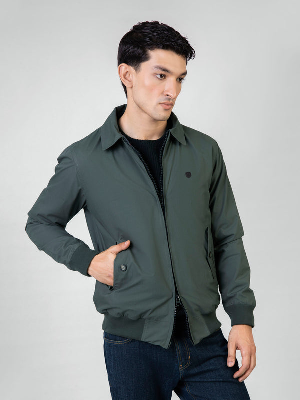 Green Twill Harrington Jacket With Collar