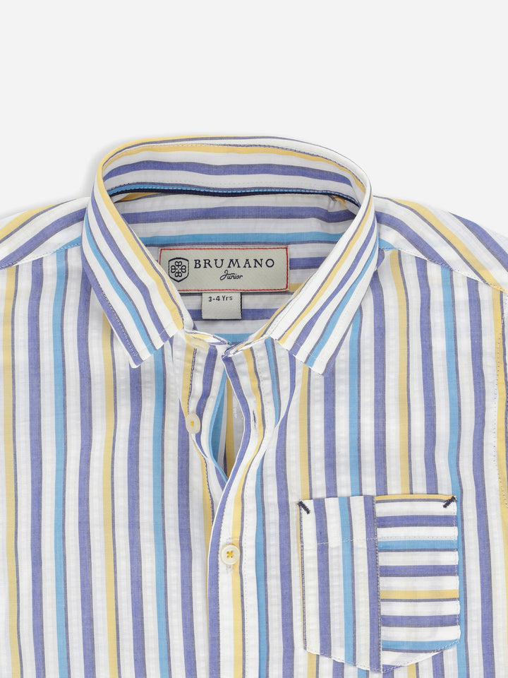 Green & Blue Seersucked Striped Half Sleeve Casual Shirt Brumano Pakistan