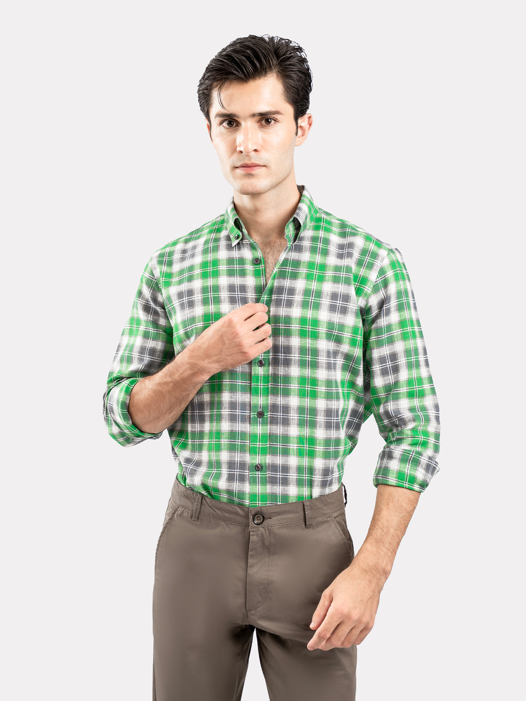 Green & Grey Linen Checkered Button Down Shirt