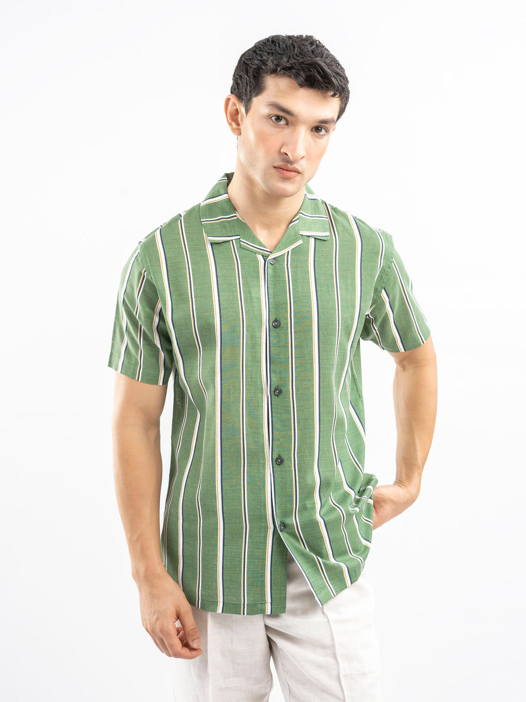 Green & White Striped Cuban Collar Shirt