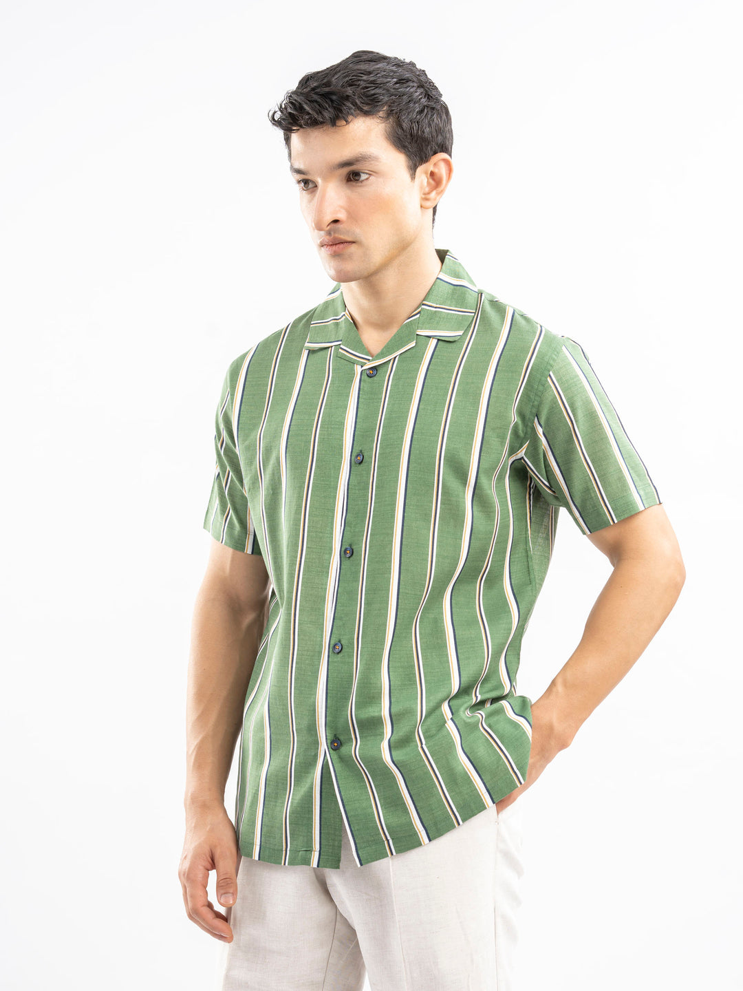Green & White Striped Cuban Collar Shirt