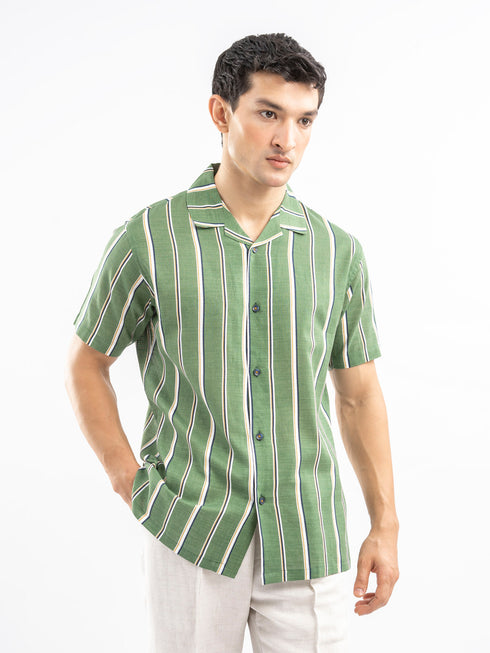 Green & White Striped Cuban Collar Shirt