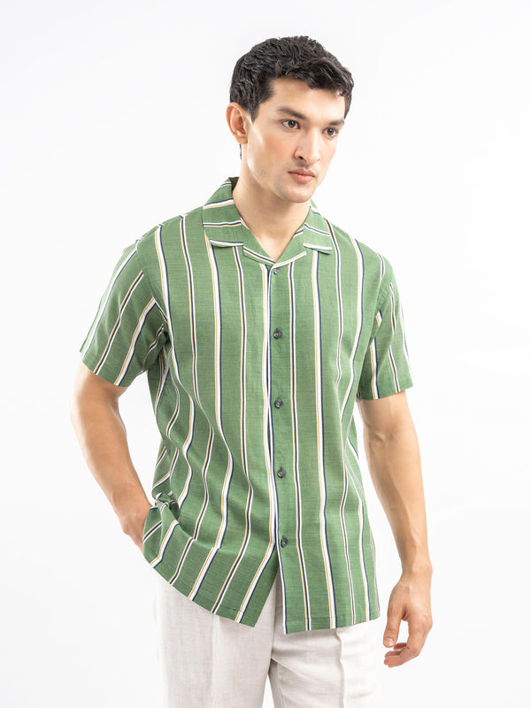 Green & White Striped Cuban Collar Shirt