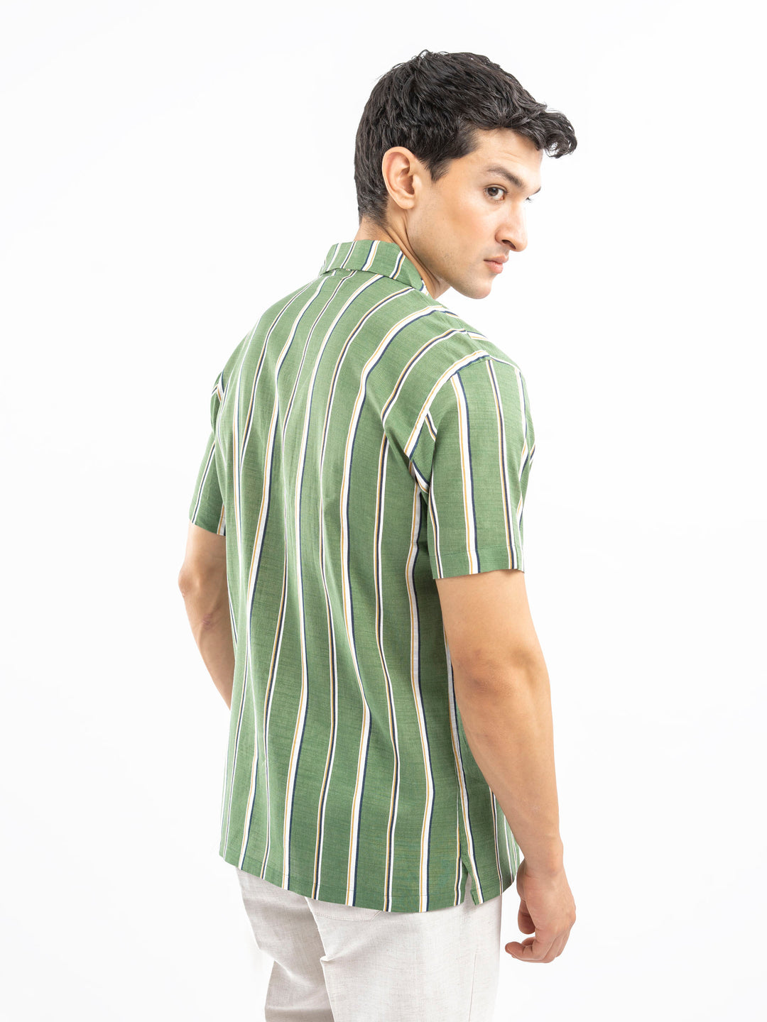 Green & White Striped Cuban Collar Shirt